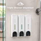 Three white wall-mounted shower dispensers labeled HAIR, BODY, and COND with clear liquid windows, shown mounted on a beige tiled bathroom wall. Large overlaid text at the top reads HIGHPEAK Triple Shower Dispenser.