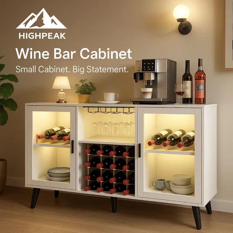HighPeak Wine Bar Cabinet with LED Light in white, showcasing wine bottles, glasses, and modern coffee station setup.