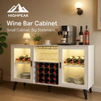 HighPeak Wine Bar Cabinet with LED Light in white with glass doors, built-in wine racks, and coffee station setup.