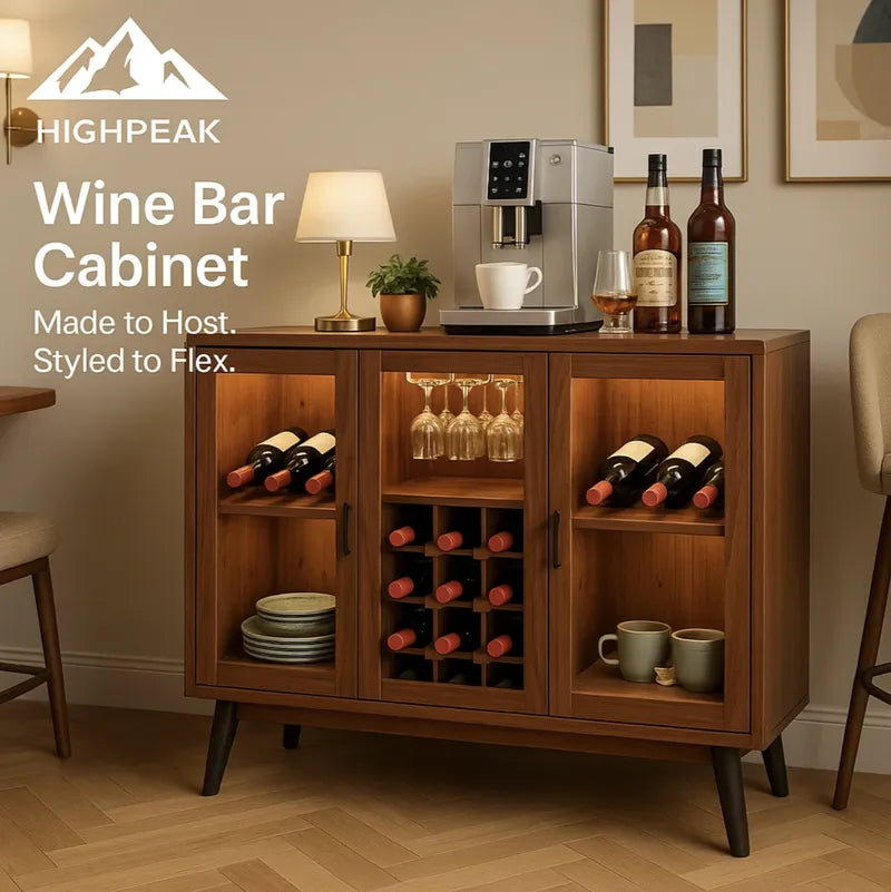 HighPeak Wine Bar Cabinet with LED Light in wood finish, showcasing wine bottles, glasses, and coffee setup in cozy room.