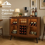 HighPeak Wine Bar Cabinet with LED Light in wood finish, showcasing wine bottles, glasses, and coffee setup in a modern room.
