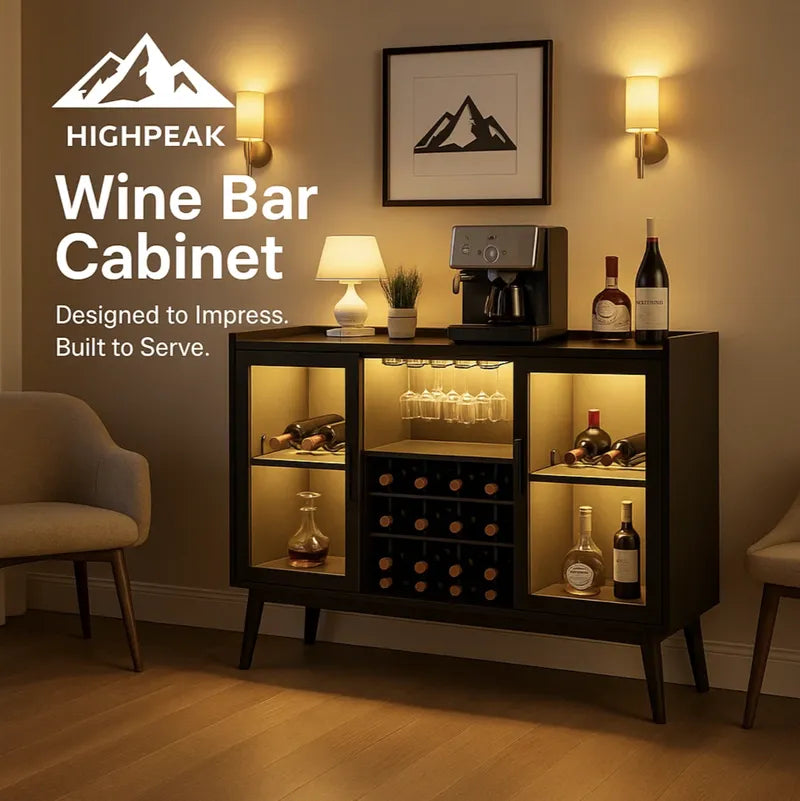 HighPeak Wine Bar Cabinet with LED Light in black wood, showcasing wine bottles, glasses, and coffee machine in cozy room