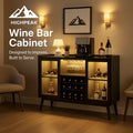 HighPeak Wine Bar Cabinet with LED Light in black wood, showcasing wine bottles, glasses, and coffee machine in cozy room