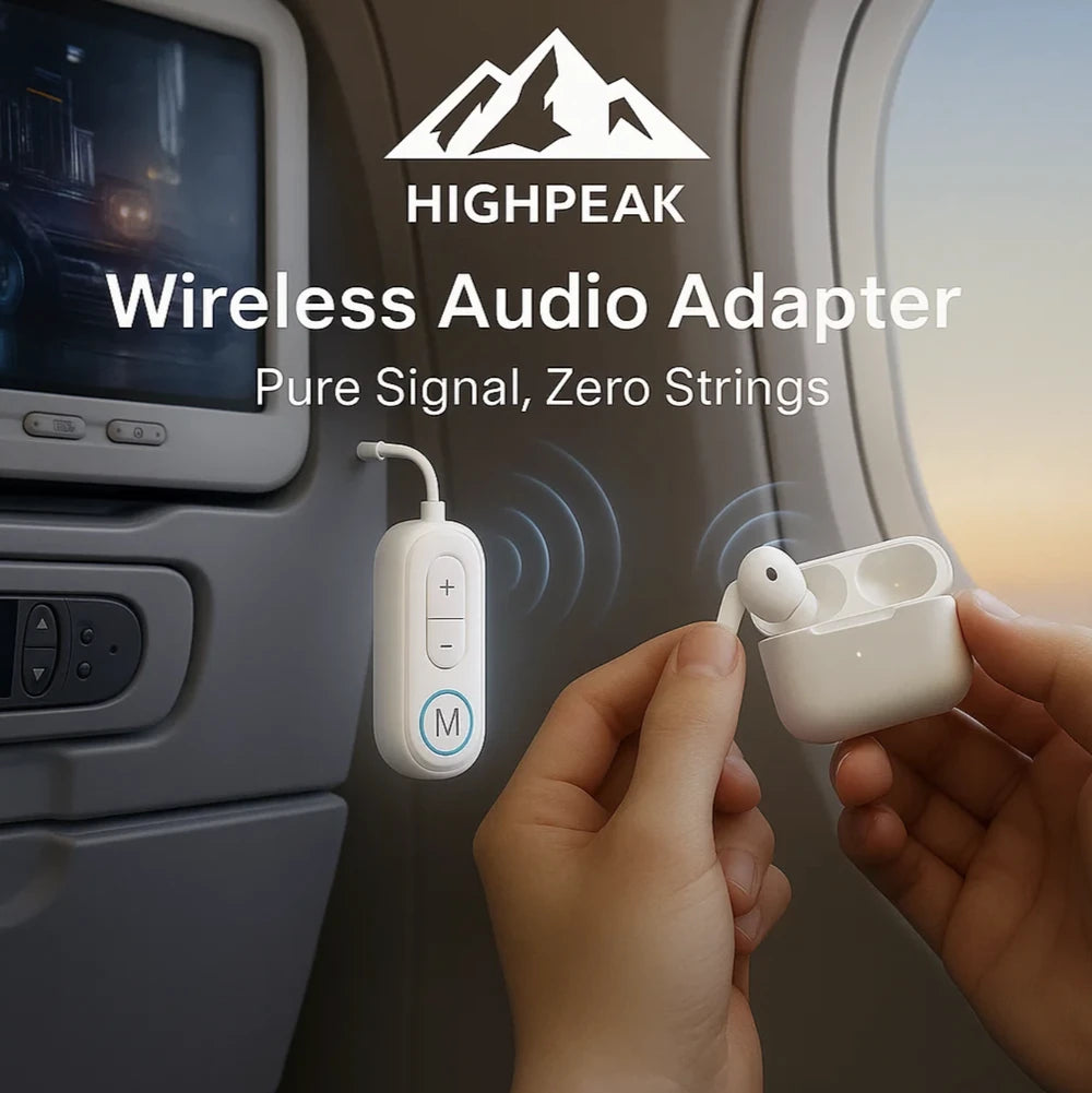 HighPeak Wireless Audio Adapter (Airplanes) in white, connecting airplane seat TV to Bluetooth earbuds for wireless streaming.