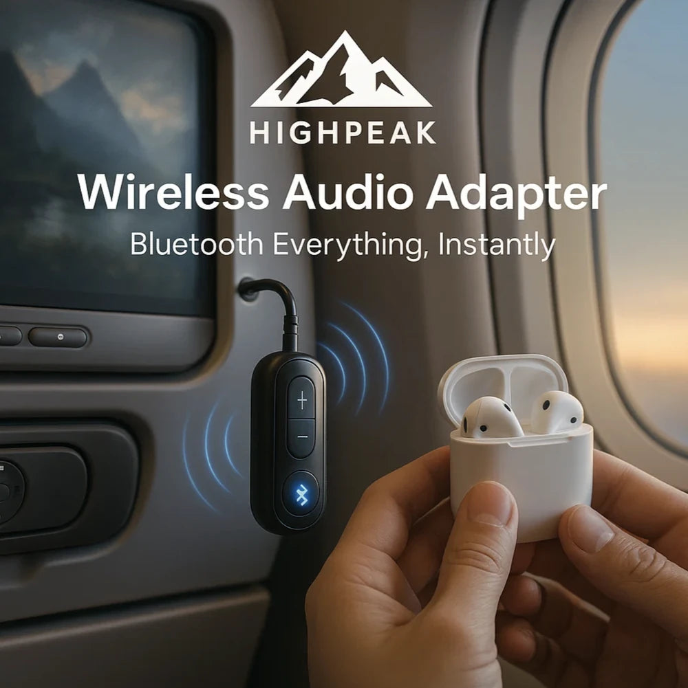HighPeak Wireless Audio Adapter (Airplanes) plugged into airplane TV with Bluetooth earbuds syncing wirelessly.