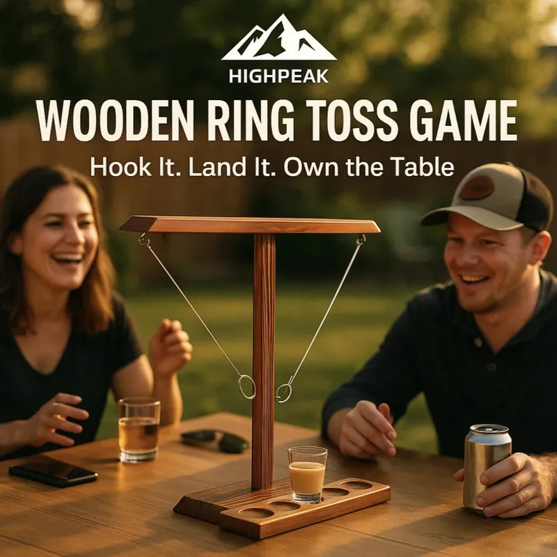 HighPeak Wooden Ring Toss Game with rustic wood base set on table outdoors, two players enjoying game and drinks