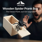 HighPeak Wooden Spider Prank Box with realistic spring-loaded spider popping out of natural wood box, prank setup in action