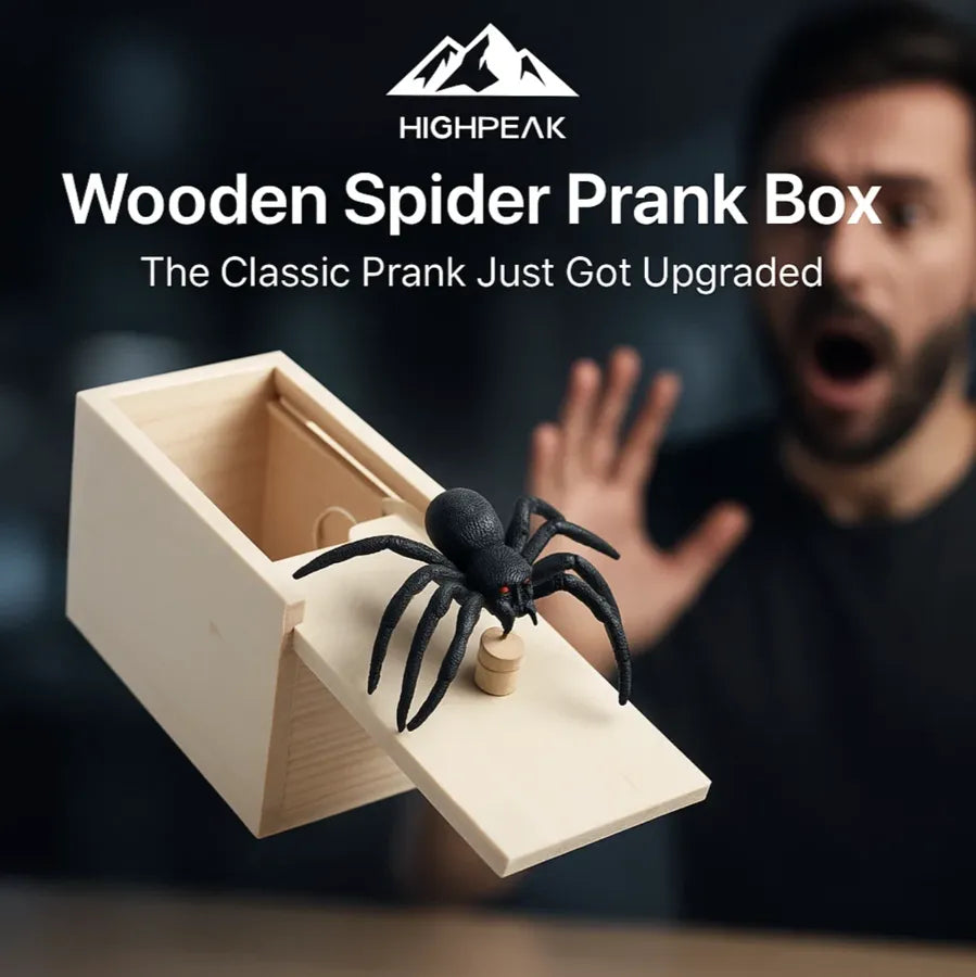 HighPeak Wooden Spider Prank Box with realistic spring-loaded spider popping out of natural wood box, prank setup in action