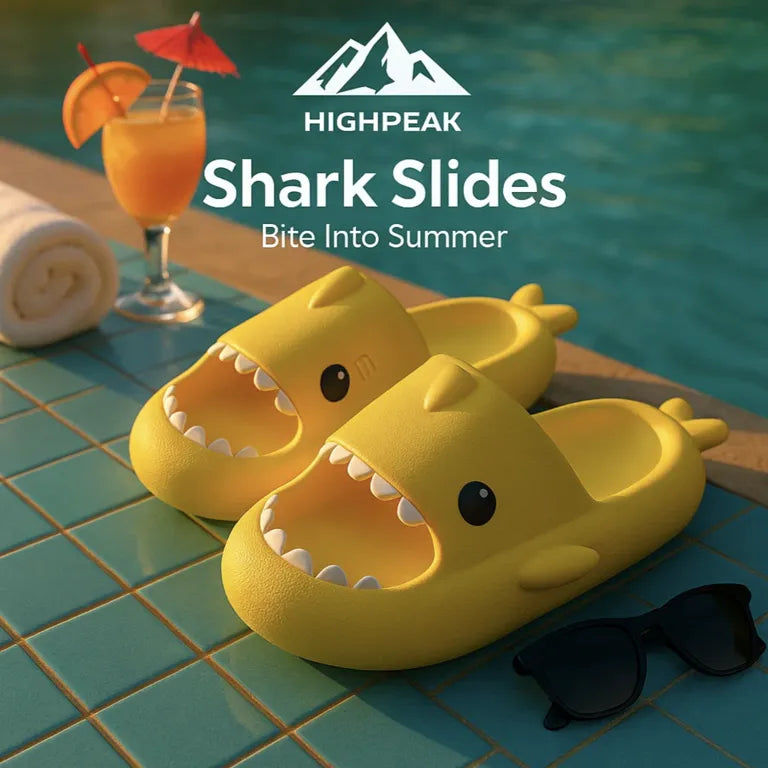 HighPeak Shark Slides in bright yellow with soft cushioning, displayed poolside with sunglasses and a drink nearby