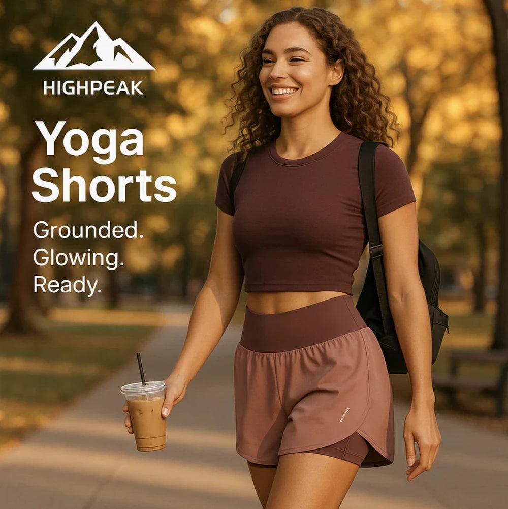 HighPeak Yoga Shorts in brown with high waist and flowy fit worn by woman walking outdoors with iced coffee