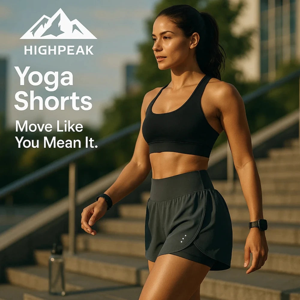 HighPeak Yoga Shorts in dark gray with high waist and reflective dots worn outdoors by active woman walking down steps