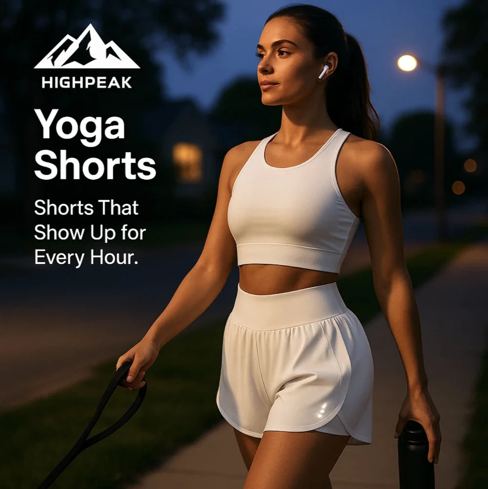 HighPeak Yoga Shorts in white worn by woman walking dog at dusk featuring breathable, high-waisted, flowy design