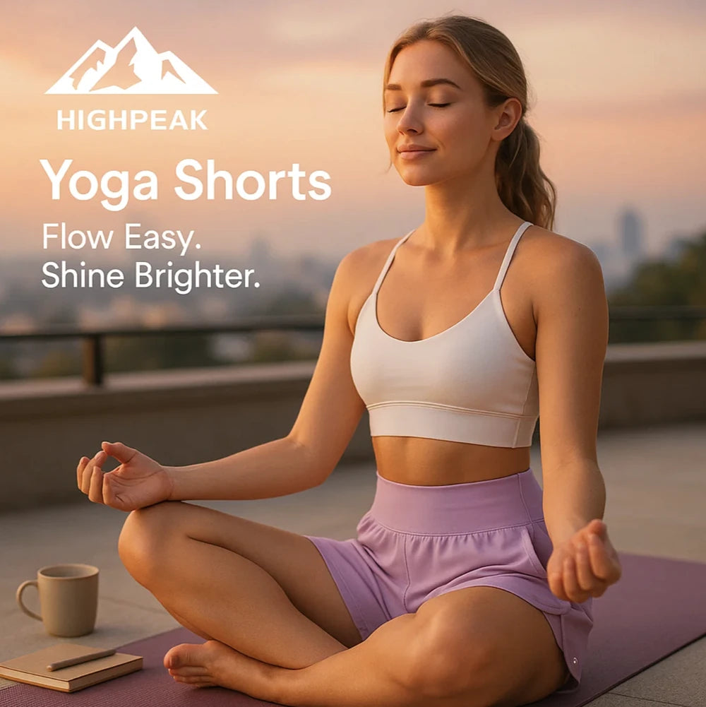 HighPeak Yoga Shorts in lavender worn by a woman meditating outdoors at sunset, highlighting comfort and flow.