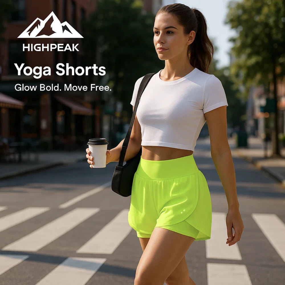 HighPeak Yoga Shorts in bright yellow with high waist and flowy fit, worn by woman walking outdoors with coffee cup.
