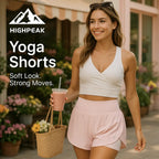 HighPeak Yoga Shorts in light pink with high waist and soft ruffle detail worn outdoors with a casual white crop top