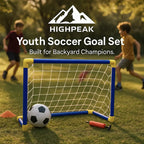 HighPeak Youth Soccer Goal Set with blue and yellow frame, ball, and pump on grass with kids playing in background