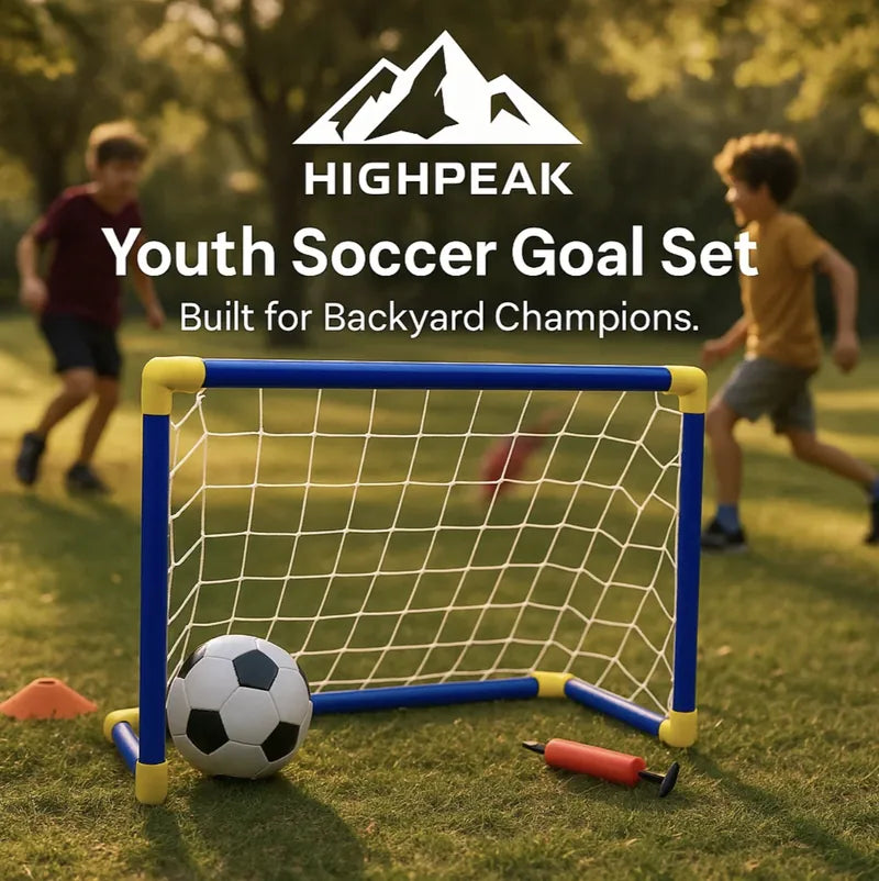 HighPeak Youth Soccer Goal Set with blue and yellow frame, ball, and pump on grass with kids playing in background