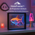 HoloFrame™ 3D Projection AirAura by HighPeak showing a levitating colorful koi fish hologram on a shelf with ambient lighting