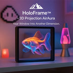 HoloFrame™ 3D Projection AirAura by HighPeak showing a levitating colorful koi fish hologram on a shelf with ambient lighting