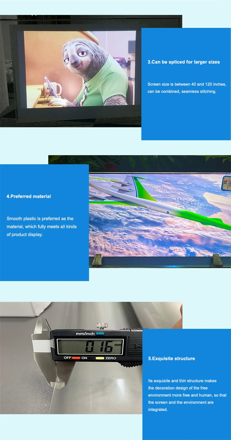 Holographic Window Projection Film supplier panel showing projection examples and a film thickness measurement.