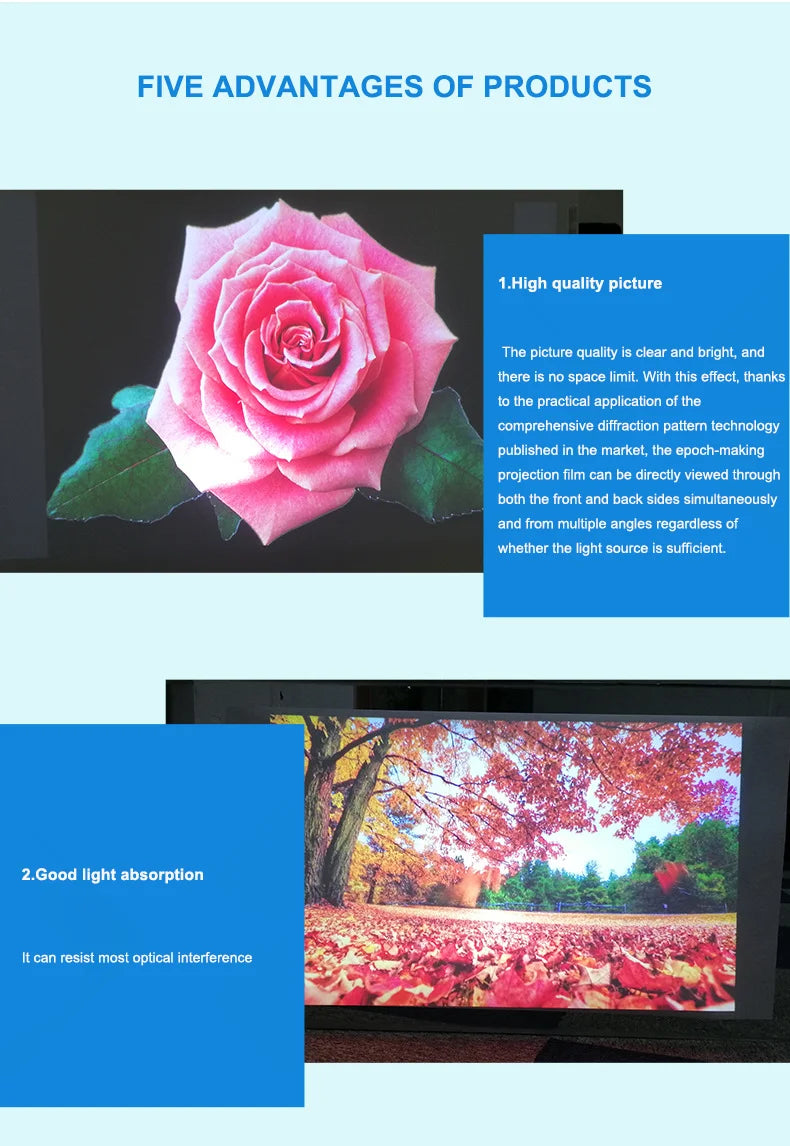 Holographic Window Projection Film supplier feature panel with a pink rose and autumn landscape projection.