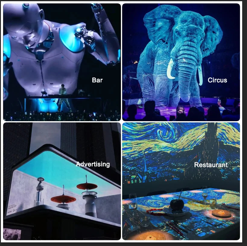 Holographic Window Projection Film supplier collage of entertainment, advertising and restaurant projection scenes.