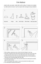 Holographic Window Projection Film illustrated wet-installation guide with cleaning, spraying and smoothing steps.