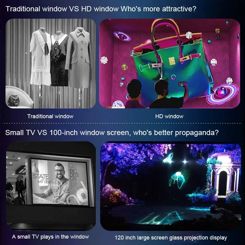 Holographic Window Projection Film supplier comparison of static windows and colorful projection displays.