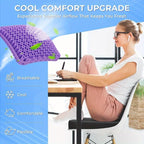 Honeycomb Gel Seat Cushion airflow infographic showing the purple grid on an office chair