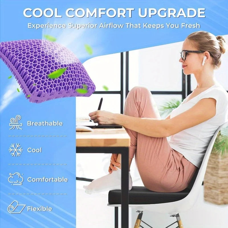 Honeycomb Gel Seat Cushion airflow infographic showing the purple grid on an office chair