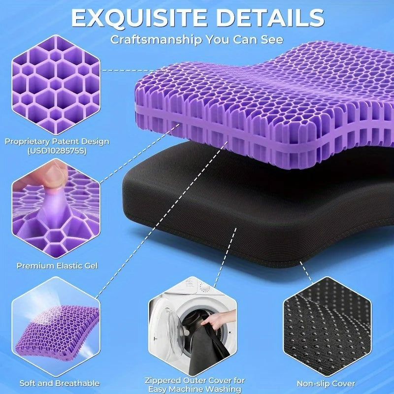 Honeycomb Gel Seat Cushion detail infographic showing the flexible grid and black zippered cover
