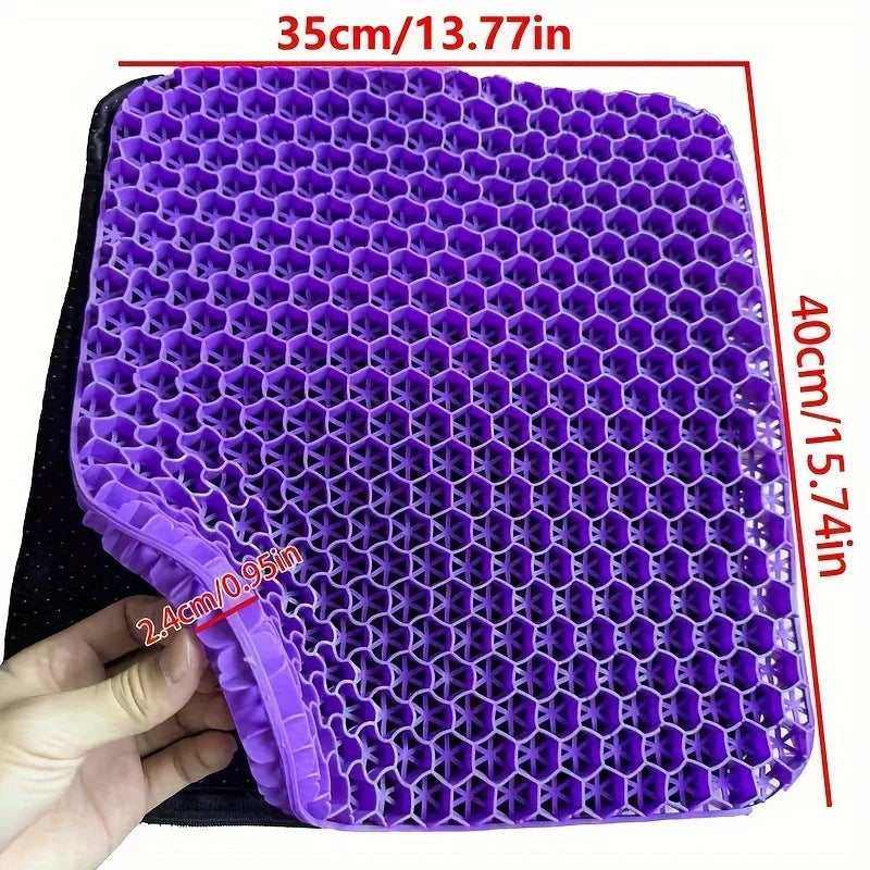 Honeycomb Gel Seat Cushion size guide showing the purple cushion at 35 by 40 by 2.4 centimeters