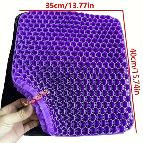 Honeycomb Gel Seat Cushion size guide showing the purple cushion at 35 by 40 by 2.4 centimeters