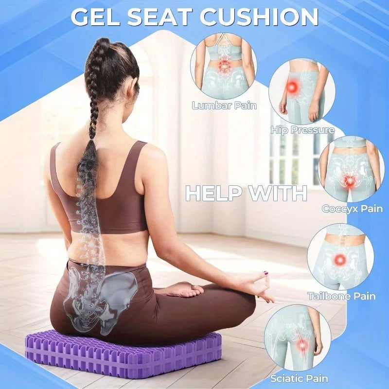 Honeycomb Gel Seat Cushion beneath a seated person with illustrated lower-body pressure areas