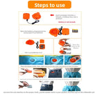 Horse Riding Inflatable Costume setup guide showing the fan, battery box and four AA batteries required