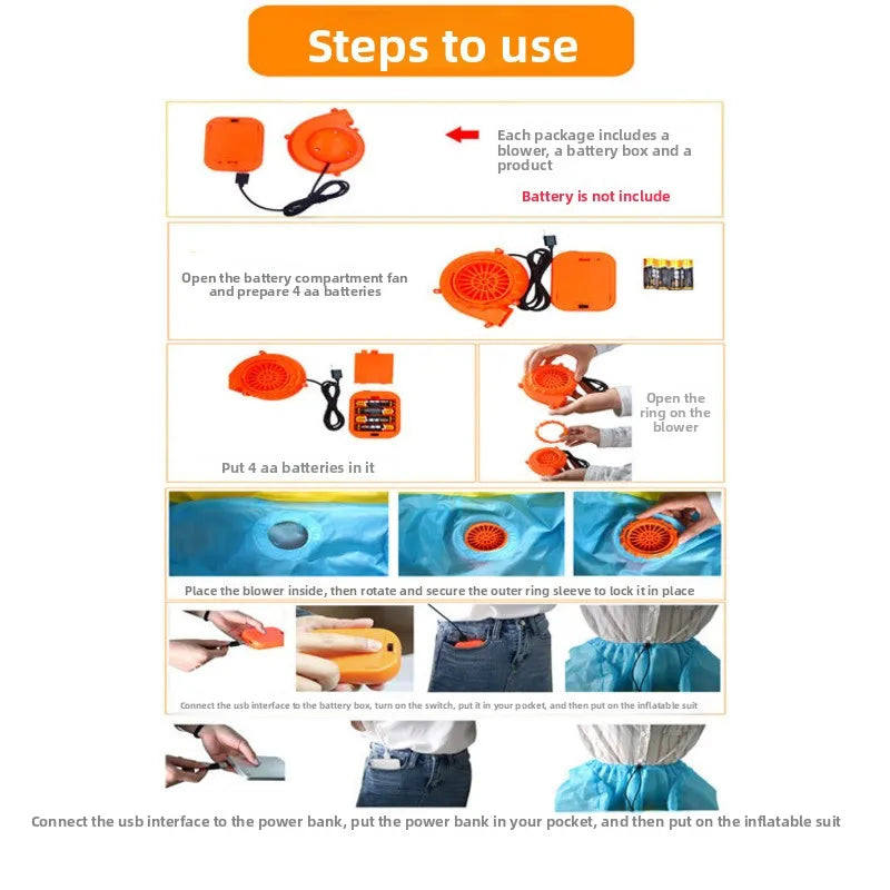 Horse Riding Inflatable Costume setup guide showing the fan, battery box and four AA batteries required