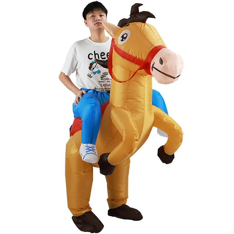 Horse Riding Inflatable Costume facing forward with raised front hooves and a smiling cartoon horse face