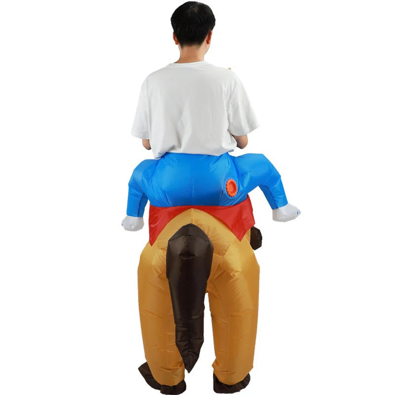 Horse Riding Inflatable Costume rear view showing blue rider legs, brown tail and orange fan opening
