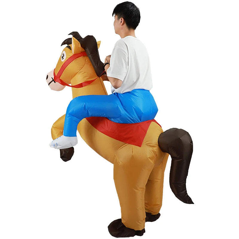 Horse Riding Inflatable Costume viewed from behind at an angle, showing the red saddle and brown tail
