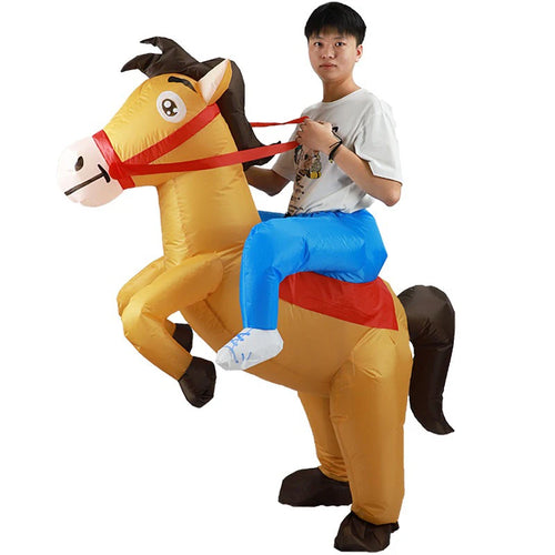 Horse Riding Inflatable Costume worn at an angle, showing the golden horse, red reins and blue rider legs