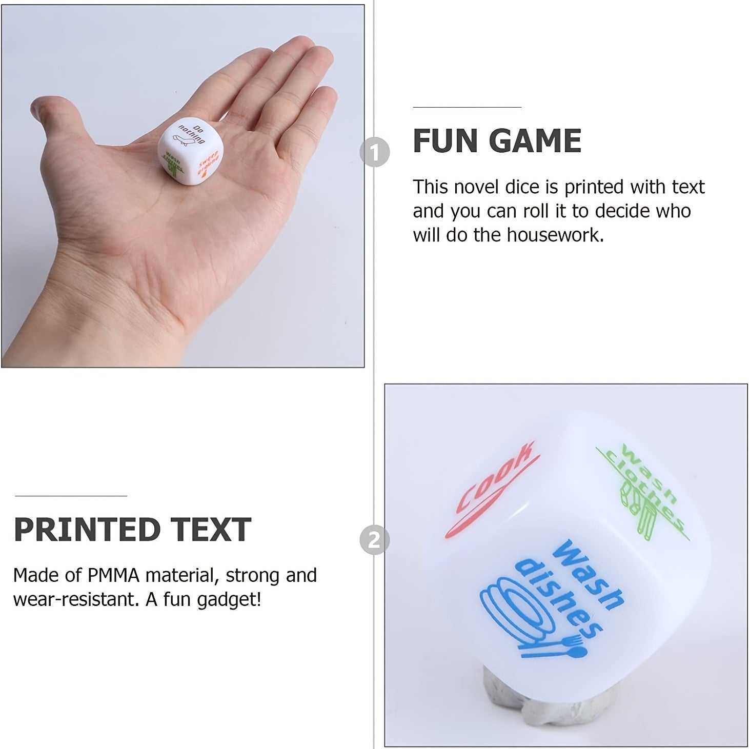 Housework Dice Game feature guide showing the printed text and compact hand-held size