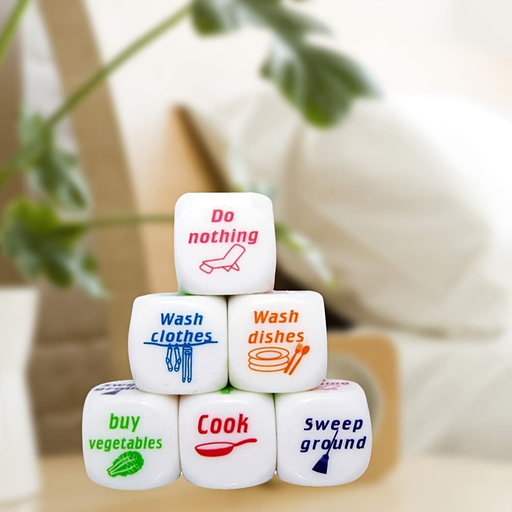 Housework Dice Game pieces arranged to show all six chore prompts in a home setting