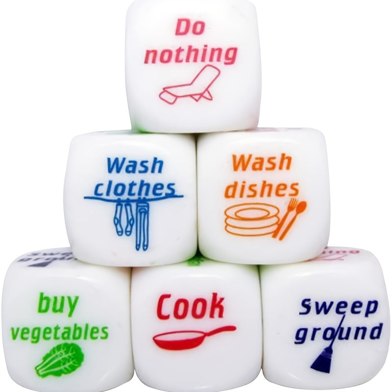 Housework Dice Game arranged to show wash, cook, sweep, shop, and do-nothing outcomes