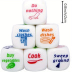 Housework Dice Game size guide showing the 2 cm dice and all six chore outcomes