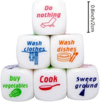 Housework Dice Game measurement graphic showing the rounded dice at 2 cm tall