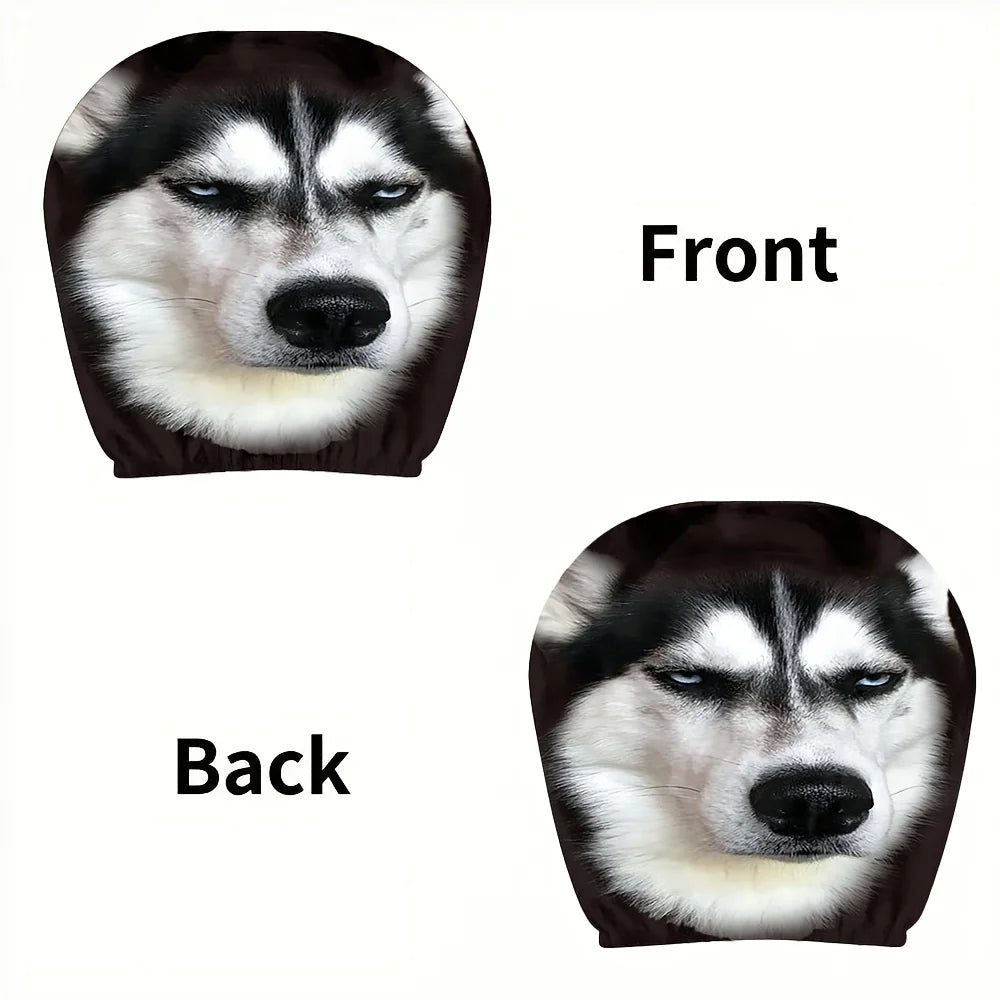 Husky Car Headrest Covers front and back views showing the same dog-face print and gathered lower opening.