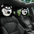 Husky Car Headrest Covers on two front seats, showing matching black-and-white dog faces beneath a sunroof.