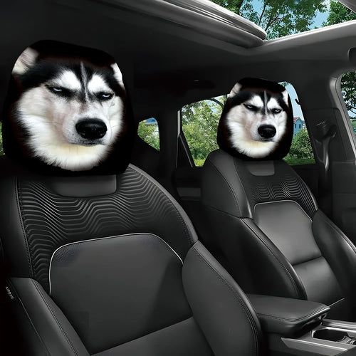 Husky Car Headrest Covers on two front seats, showing matching black-and-white dog faces beneath a sunroof.