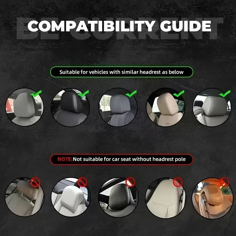 Husky Car Headrest Covers compatibility guide showing supported separate headrests and unsuitable integrated styles.