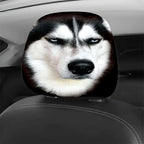Husky Car Headrest Covers close-up on a black car seat, showing the blue-eyed husky face and support posts.